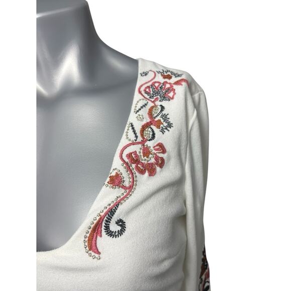 Free People Dress Floral Bell Sleeve Ivory 4 Hippie Folk Flare Embroidered Fairy - Picture 4 of 11